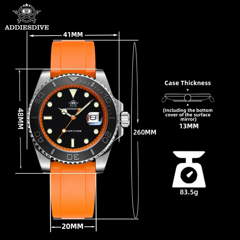 Color: Ivory - ADDIESDIVE Rotatable Bezel Watch For Men 41mm Quartz Watch Stainless Seel BGW9 Luminous Rubber Strap 200m Diving Men's Watch New
