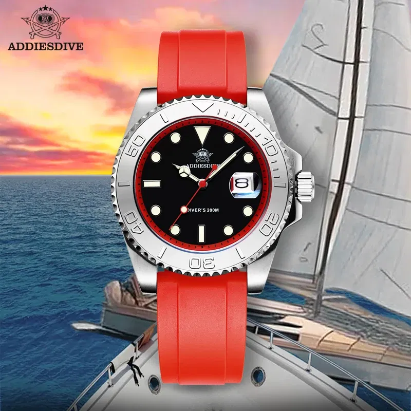 Color: Ivory - ADDIESDIVE Rotatable Bezel Watch For Men 41mm Quartz Watch Stainless Seel BGW9 Luminous Rubber Strap 200m Diving Men's Watch New
