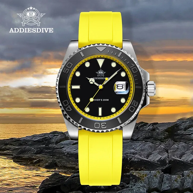 Color: Ivory - ADDIESDIVE Rotatable Bezel Watch For Men 41mm Quartz Watch Stainless Seel BGW9 Luminous Rubber Strap 200m Diving Men's Watch New