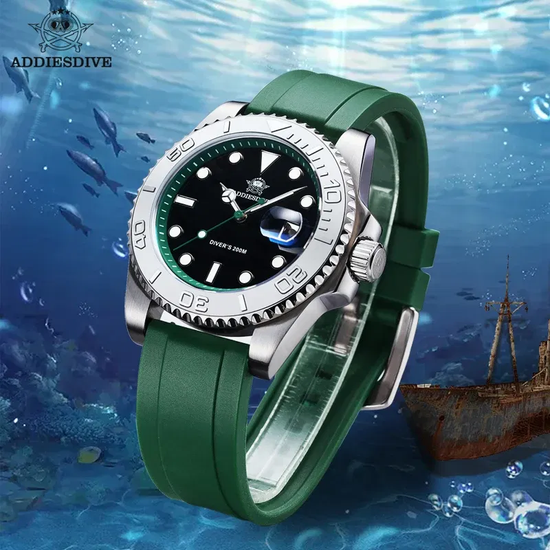 Color: Ivory - ADDIESDIVE Rotatable Bezel Watch For Men 41mm Quartz Watch Stainless Seel BGW9 Luminous Rubber Strap 200m Diving Men's Watch New