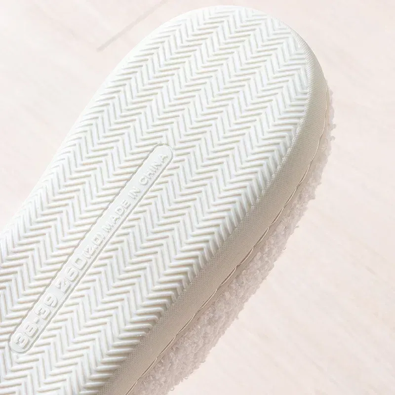 Color: Beige, Shoe Size: 44-45 - Women Rainbow Slippers Men Retro Preppy Slippers Winter Warm Plush House Fluffy Living Room Shoes Female New Christmas Gifts