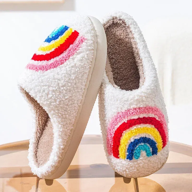 Color: Beige, Shoe Size: 44-45 - Women Rainbow Slippers Men Retro Preppy Slippers Winter Warm Plush House Fluffy Living Room Shoes Female New Christmas Gifts