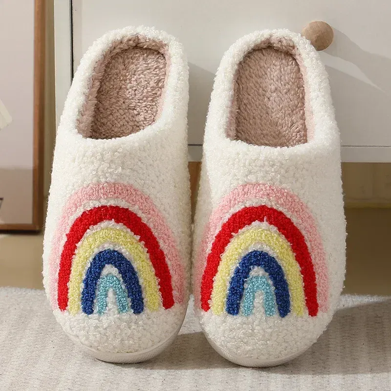 Color: Beige, Shoe Size: 44-45 - Women Rainbow Slippers Men Retro Preppy Slippers Winter Warm Plush House Fluffy Living Room Shoes Female New Christmas Gifts
