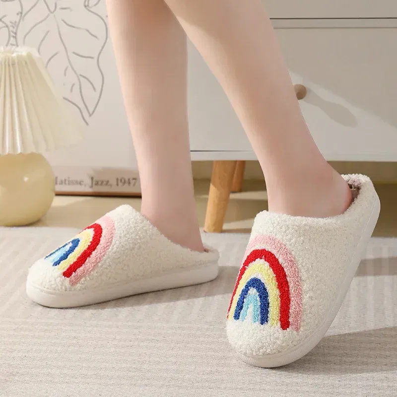 Color: Beige, Shoe Size: 44-45 - Women Rainbow Slippers Men Retro Preppy Slippers Winter Warm Plush House Fluffy Living Room Shoes Female New Christmas Gifts