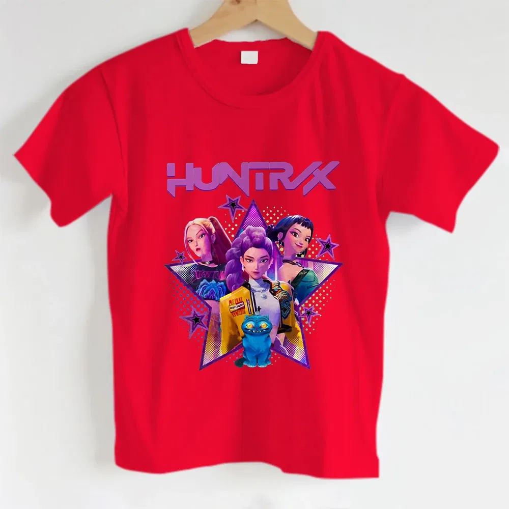 Color: Red, Kid Size: 11 - KPOP Hunters Anime series pattern Girl T-shirt, Huntrix girl Group cute T-shirt