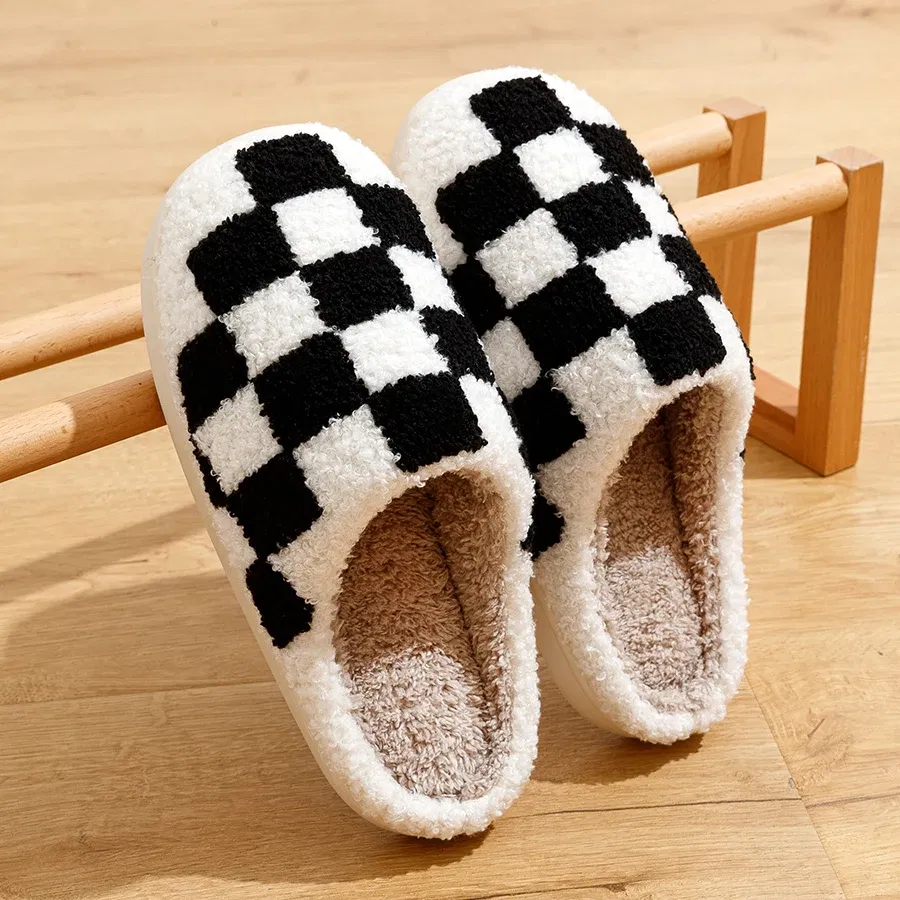Color: Pink, Shoe Size: 5 - New Fuzzy Slippers Fashion Checker Indoor Embroidery Houseshoes Cozy Woman Winter Fluffy House Retro Checkered Print Shoes