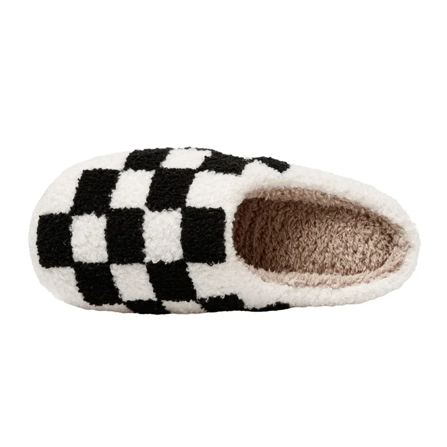 Color: Pink, Shoe Size: 5 - New Fuzzy Slippers Fashion Checker Indoor Embroidery Houseshoes Cozy Woman Winter Fluffy House Retro Checkered Print Shoes