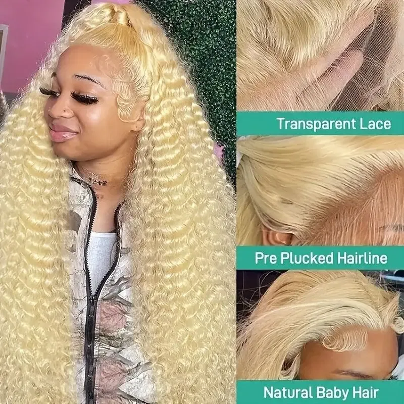 Color: #1, Ships From: CHINA, Stretched Length: 34inches, Density: 150% - 613 Blonde Curly glueless 13x6 Transparent Hd lace front wig Deep Wave human hair 36 inch Brazilian wig pre plucked for women