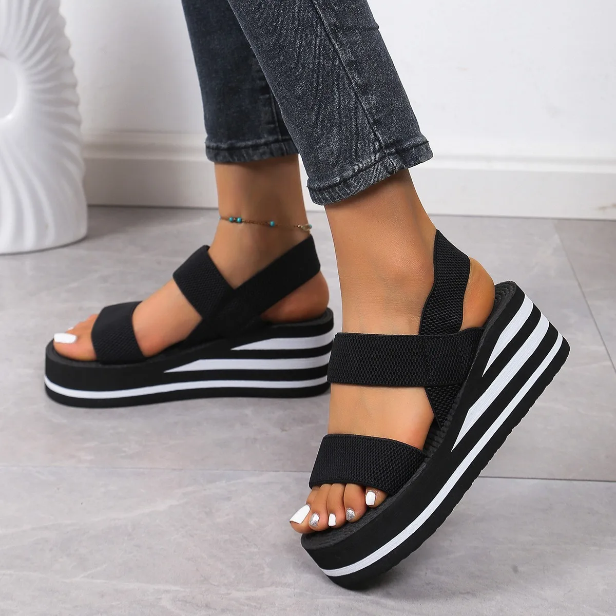 Color: Blue, Shoe Size: 37 - Women's Light Weight Wedge Sandals Open Toe Platform Thick Soled Summer Casual Slingback Shoes with Back Strap Leisure Footwear