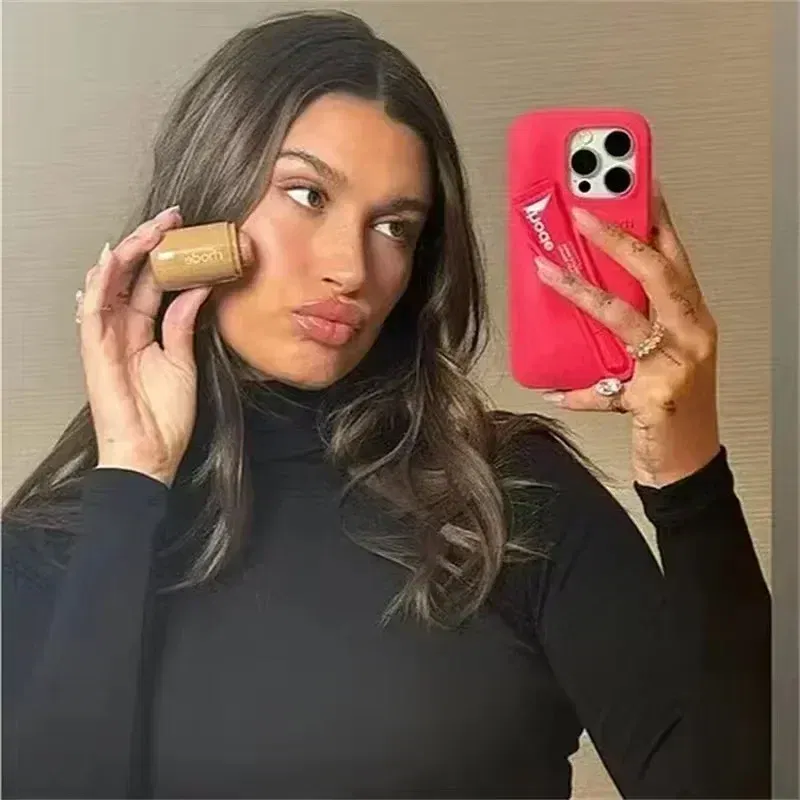 Color: Red, Material: ABS - Lipstick Soft Silicone DIY Rhode Phone Case for IPhone 16 Pro Max 16Pro 16Plus Portable Lip Gloss Holder Ins Hot Cover