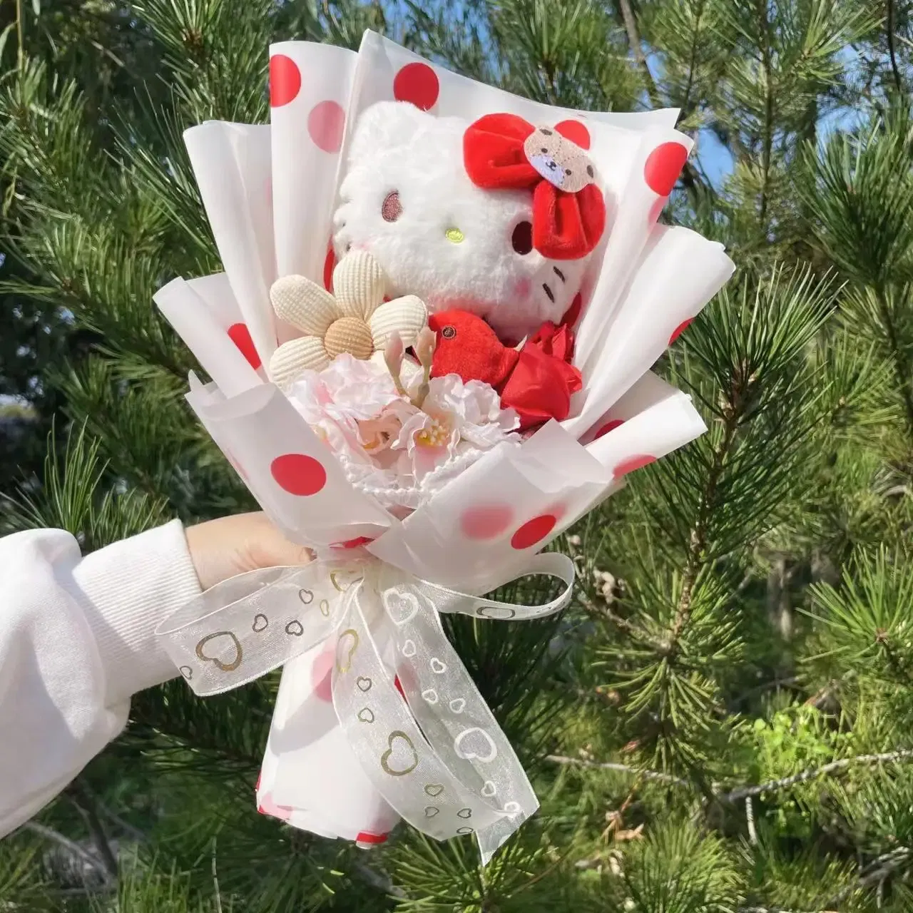 Color: WHITE - My Melody Kuromi Cinnamoroll Hello Kitty Plush Doll Toys Creative Handmade Sanrio Bouquet Valentine Christmas Graduation Gifts