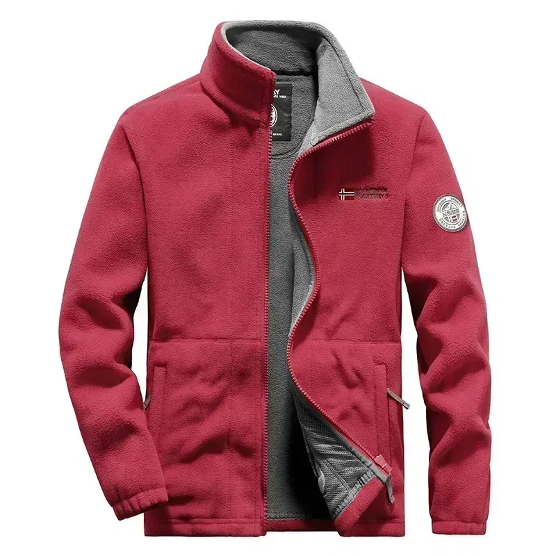 Color: Red, Size: XL - Men Fleece Jacket Pockets Thicken Polar Norway Ski Jackets Cold-proof Overcoat Plus Size Outwear Autumn Winter Casual Warm Coat