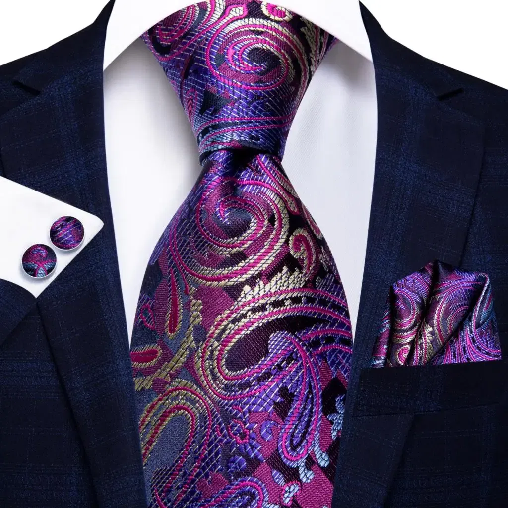 Color: Black Green - Hi-Tie Purple Paisley Silk Elegent Tie for Men Novelty Design Handky cufflink Tie Set Party Business Wedding Dropshipping