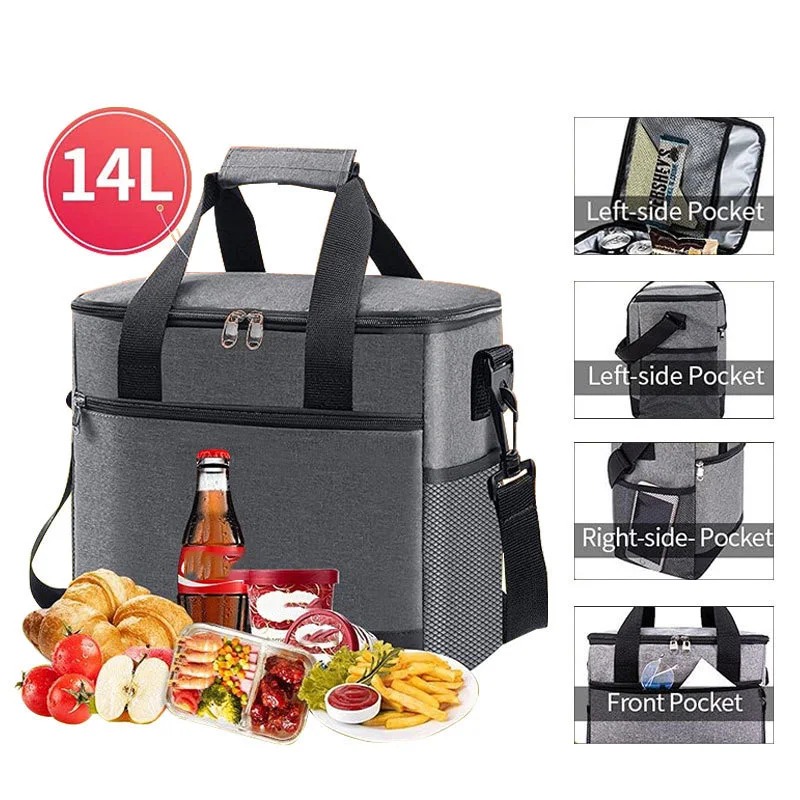Color: GRAY - Large Capacity Tote Bento Insulated Lunch Bag Picnic Food Lunch Box Storage Ice Cooler Thermal Bag Portable Fridge Thermal Bag