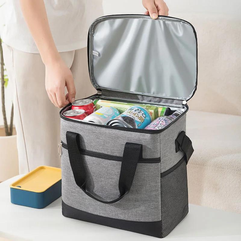 Color: GRAY - Large Capacity Tote Bento Insulated Lunch Bag Picnic Food Lunch Box Storage Ice Cooler Thermal Bag Portable Fridge Thermal Bag