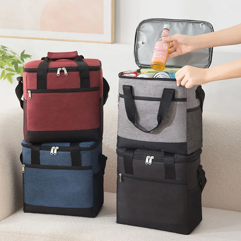 Color: GRAY - Large Capacity Tote Bento Insulated Lunch Bag Picnic Food Lunch Box Storage Ice Cooler Thermal Bag Portable Fridge Thermal Bag