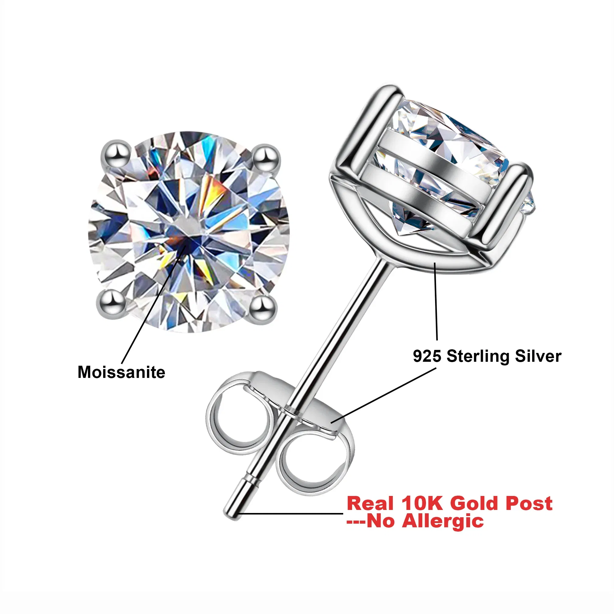 Gem Color: silver, Ships From: CHINA - AnuJewel 10k Gold 4/3/2/1.6/1/0.6ct Moissanite Stud Earrings For Women Real 10K Gold Post Anti-allergy Men Earrings Jewelry