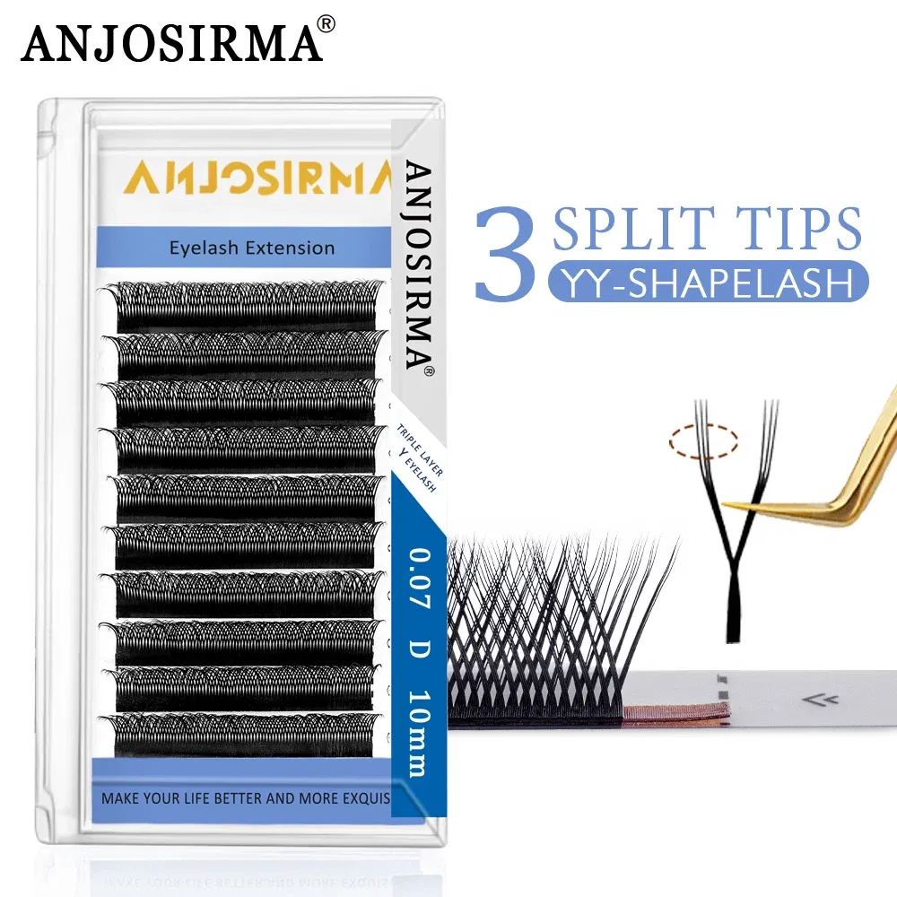 Curl: D, Length: 9mm - ANJOSIRMA YY Shaped Eyelash Extension, 3 Split Tips, Soft BASF Lash, Hand Made Curl, High Quality, 3D,0.07 makeup eyelashes