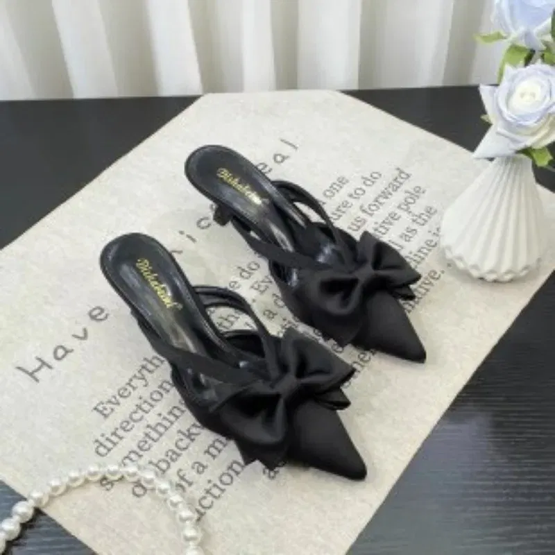 Color: black, Shoe Size: 37 - Fairy Style Pink Cool Slippers for Women's Summer 2024 French Pointed Bow Hollow High Heels, Half Wrapped Women's Slippers
