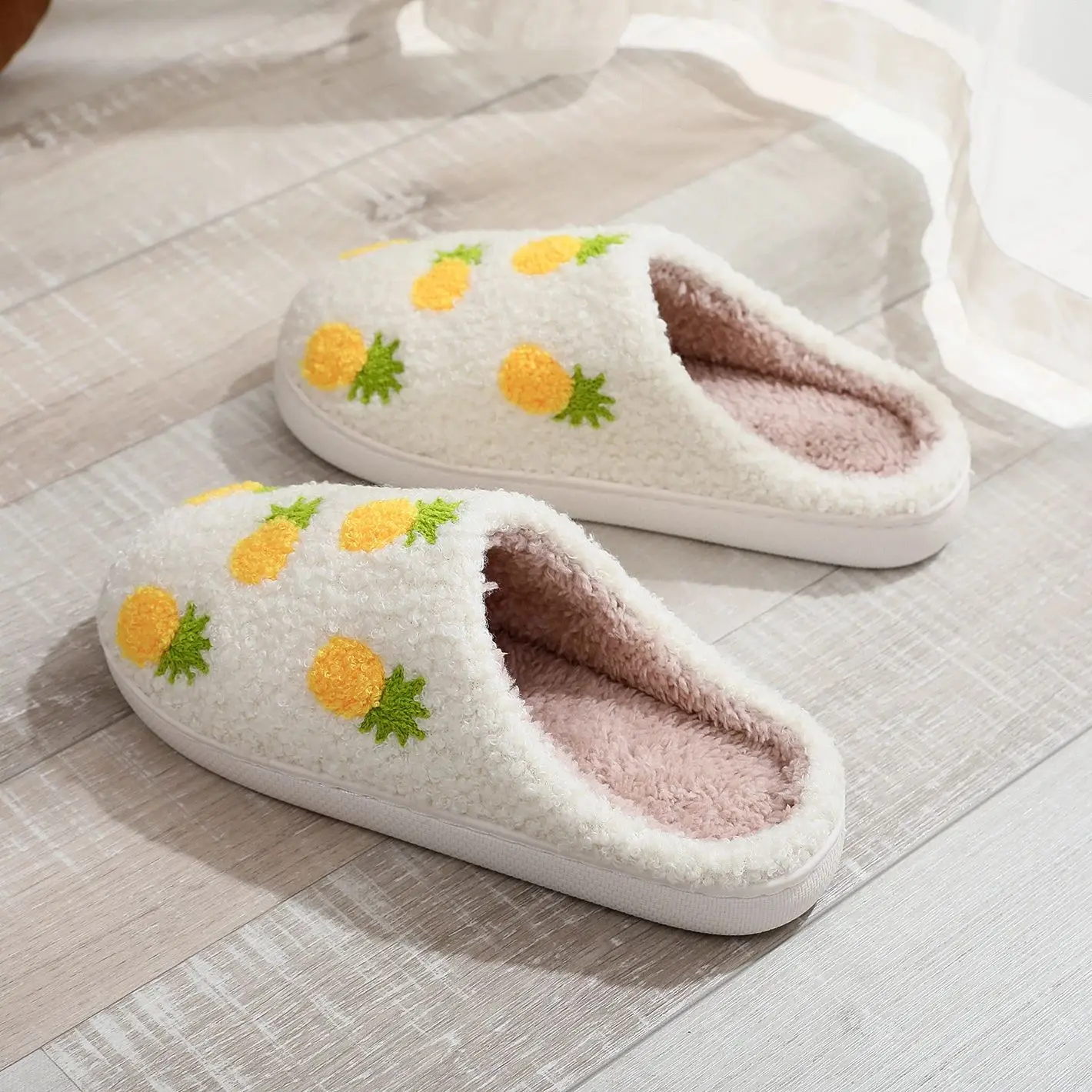 Color: WHITE, Shoe Size: 38 - Winter home household seven pineapple cotton slippers non-slip thickeneding small fresh cotton slippers