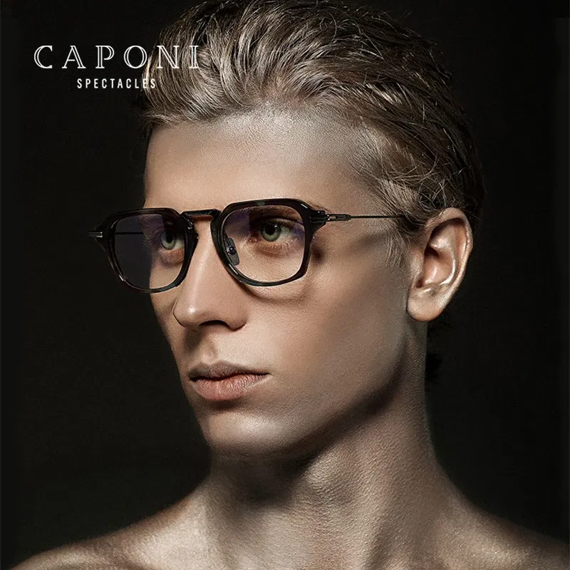 Frame Color: WHITE - CAPONI Fashion Gentlemen's Glasses Frame Pure Titanium Acetate Retro Anti Blue Light Eyeglasses German Designer Spectacles JF413