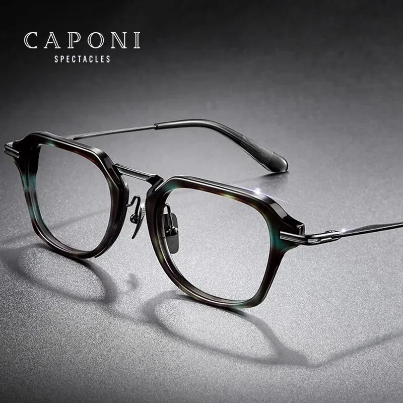 Frame Color: WHITE - CAPONI Fashion Gentlemen's Glasses Frame Pure Titanium Acetate Retro Anti Blue Light Eyeglasses German Designer Spectacles JF413