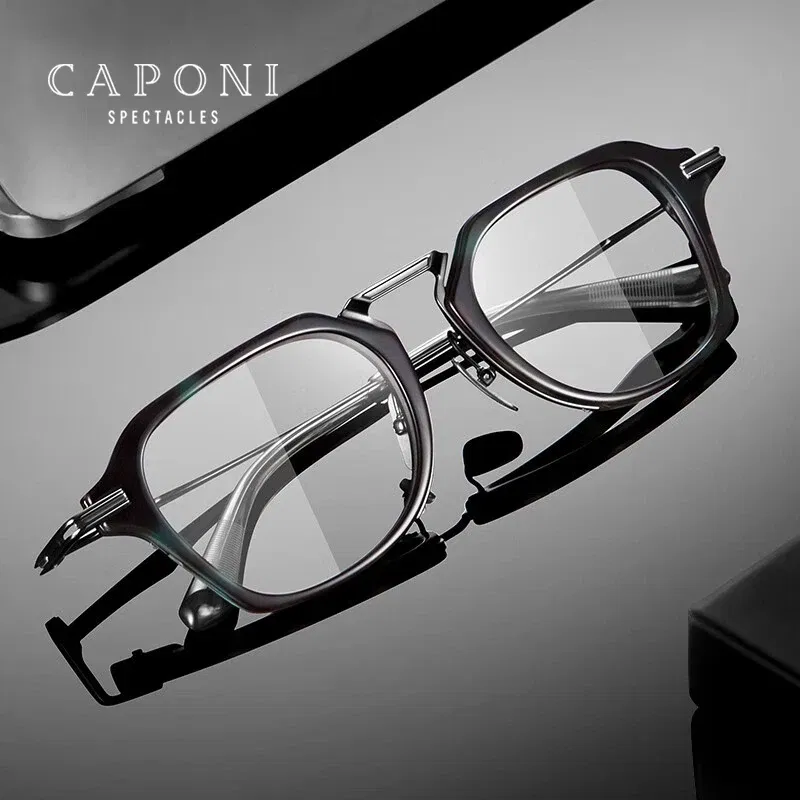 Frame Color: WHITE - CAPONI Fashion Gentlemen's Glasses Frame Pure Titanium Acetate Retro Anti Blue Light Eyeglasses German Designer Spectacles JF413
