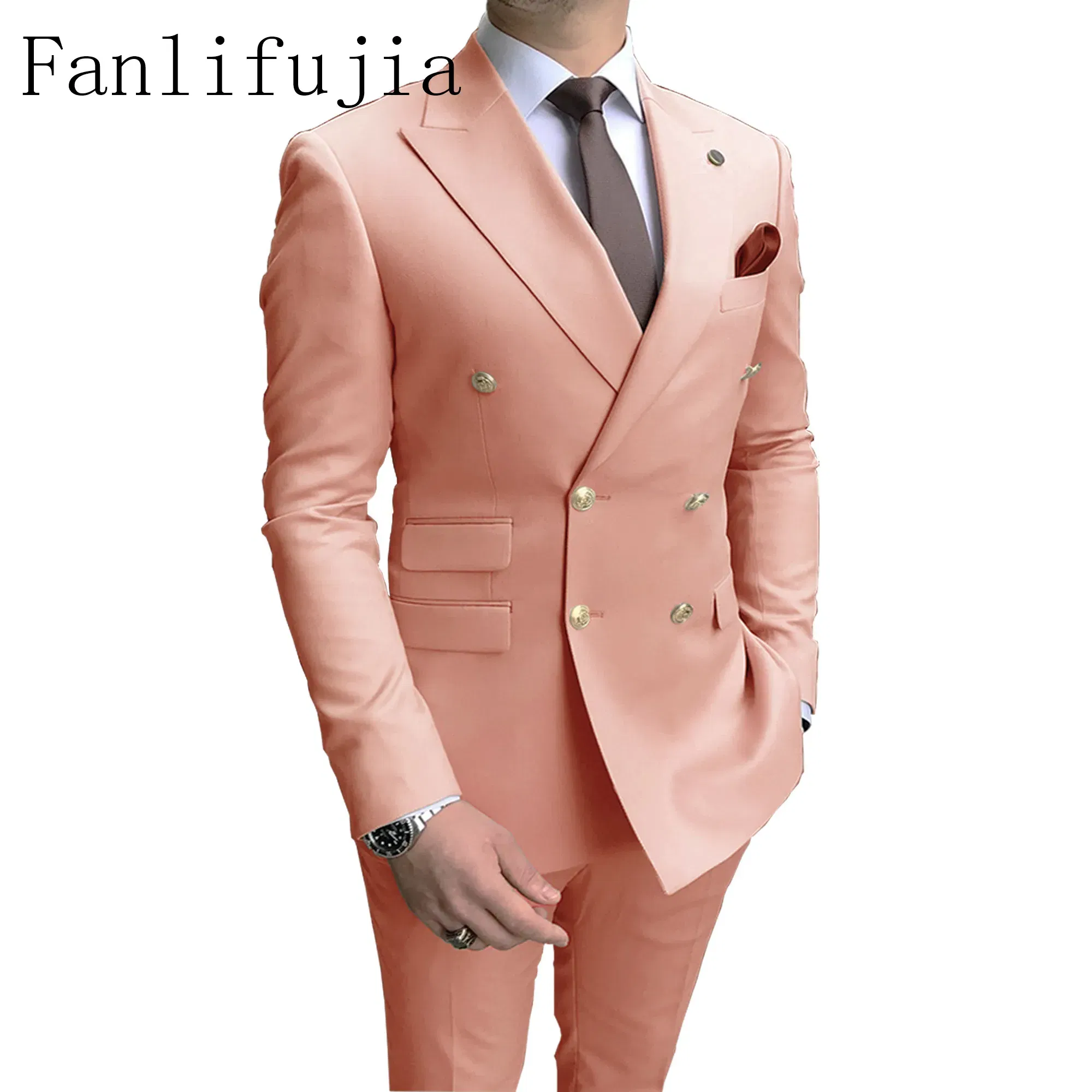 Color: SKY BLUE, Size: XXXL - Fanlifujia Store 2024 Casual Sky Blue Men Suits Double Brested Peak Lapel Gold Button Groom Wedding Tuxedos Best Costume Homme