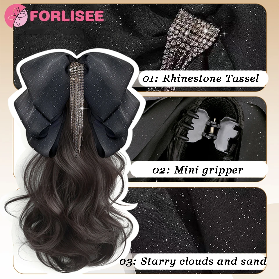 Color: NC/4HL - Synthetic Tassel Bow Claw Clip Ponytail Temperament Slightly Curly Hair Natural Heat-resistant Chemical Fiber Wig Ponytail
