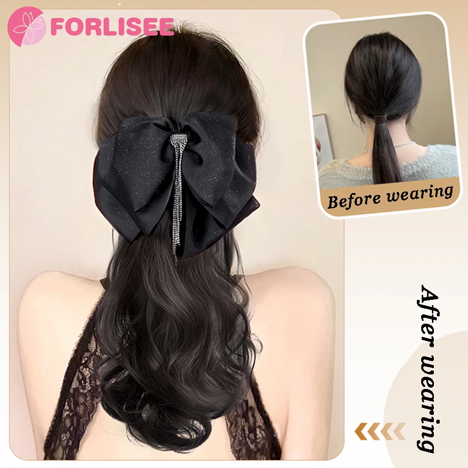 Color: NC/4HL - Synthetic Tassel Bow Claw Clip Ponytail Temperament Slightly Curly Hair Natural Heat-resistant Chemical Fiber Wig Ponytail