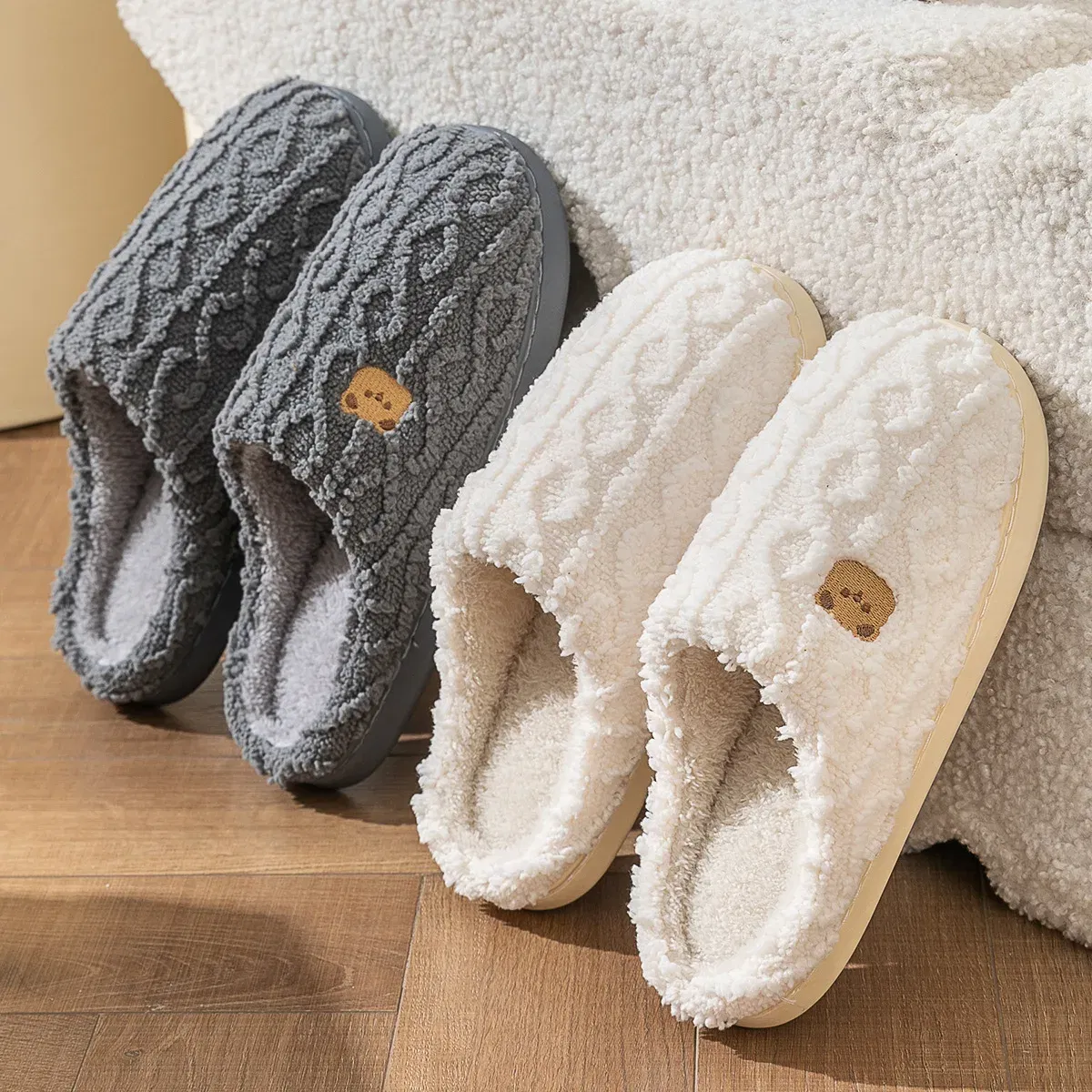Color: Grape, Shoe Size: 42-43, Ships From: CHINA - Asgard Women Winter Fur Slippers Indoor Fluffy Couple Bedroom Flat Slides Cute Bear Women Fuzzy House Slippers Warm Cotton Shoes