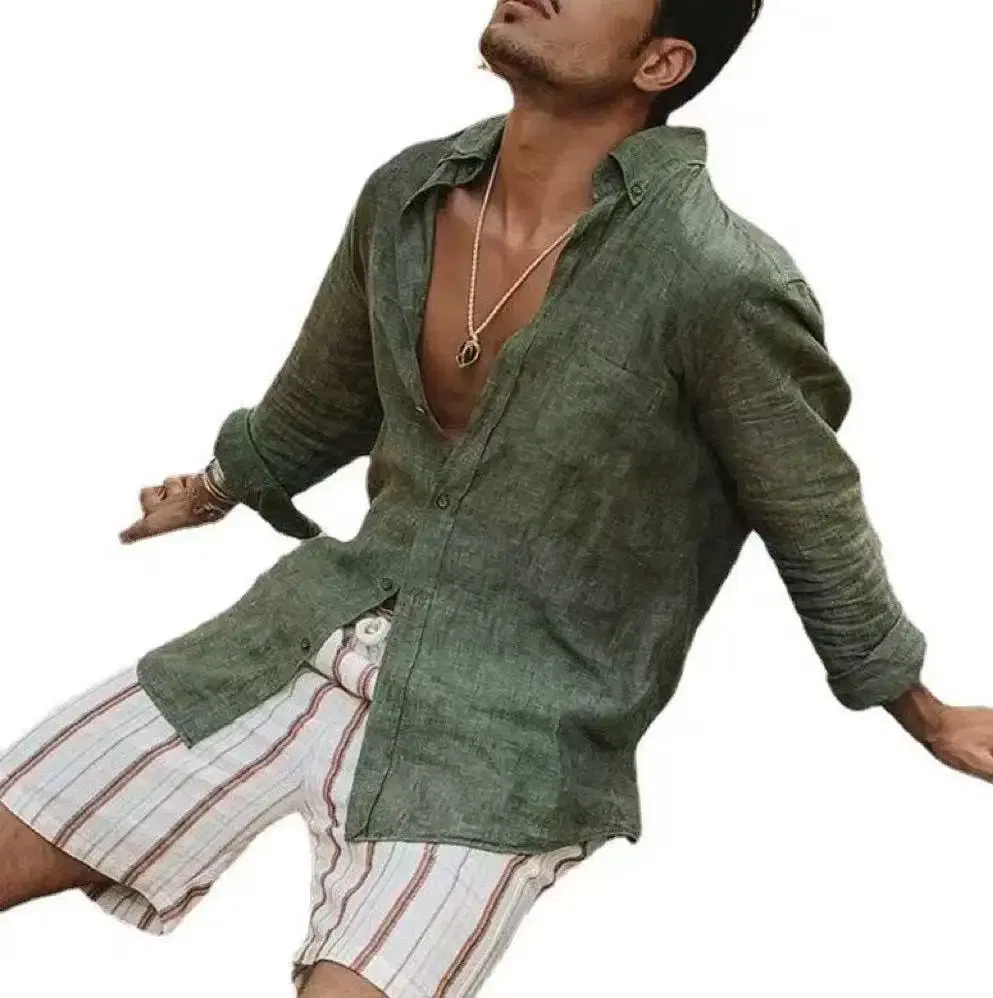 Color: green, Size: L, Sale by Pack: Pack of 1 - Men's new men's long sleeve buttoned cotton linen shirt lapel cardigan