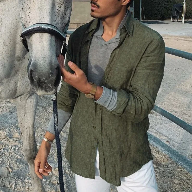 Color: green, Size: L, Sale by Pack: Pack of 1 - Men's new men's long sleeve buttoned cotton linen shirt lapel cardigan