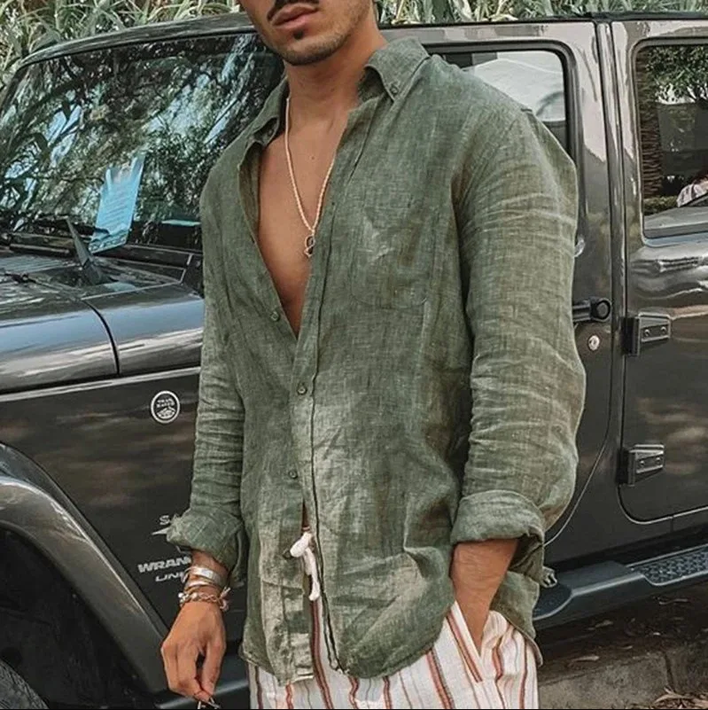 Color: green, Size: L, Sale by Pack: Pack of 1 - Men's new men's long sleeve buttoned cotton linen shirt lapel cardigan