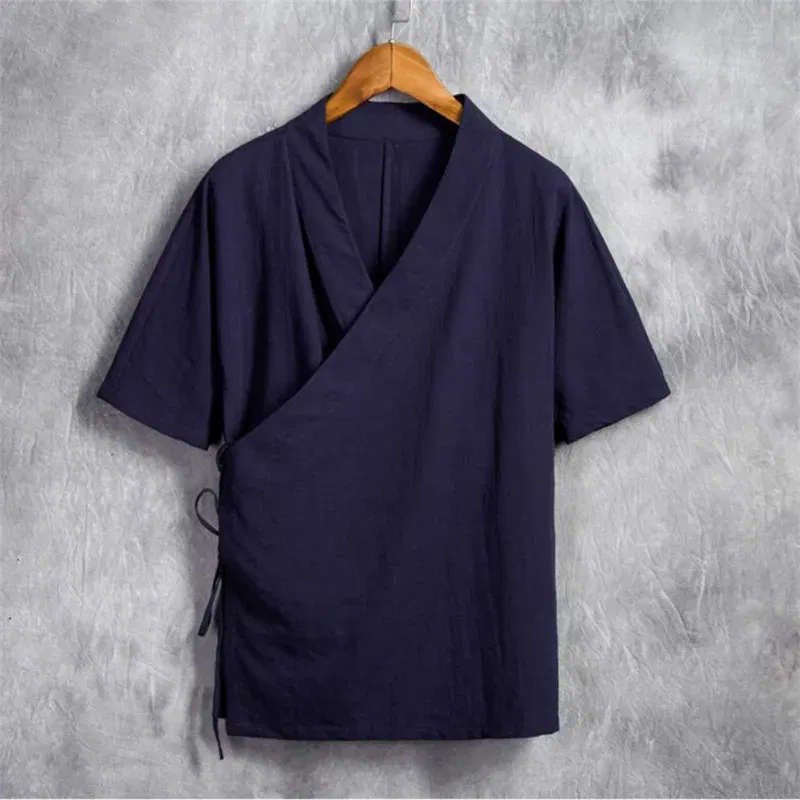 Color: Khaki, Size: 6XL - Men Cotton Linen Short sleeve Kung Fu Shirt Classic Chinese Style Tang Clothing Size M-6XL