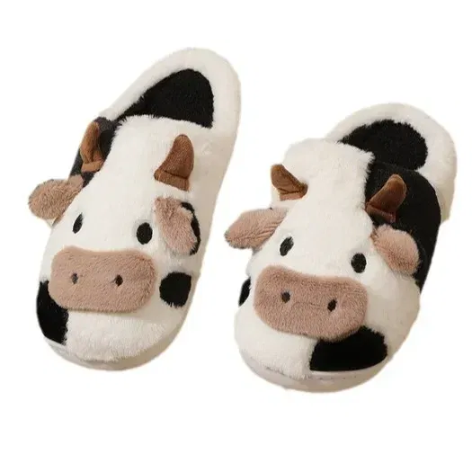 Color: Beige, Shoe Size: 4 - Cartoon Plush Cotton Slippers Women's Indoor Home Winter Cow Cotton Slippers Cute Autumn Winter Cotton Slippers Thick Soles
