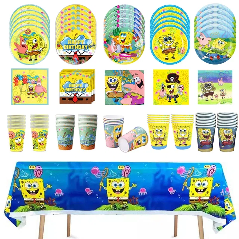 Color: green - SpongeBob Party Decorations Disposable Tableware Cup Baby Shower Birthday Theme Plate Tablecloth Kids Birthday Party