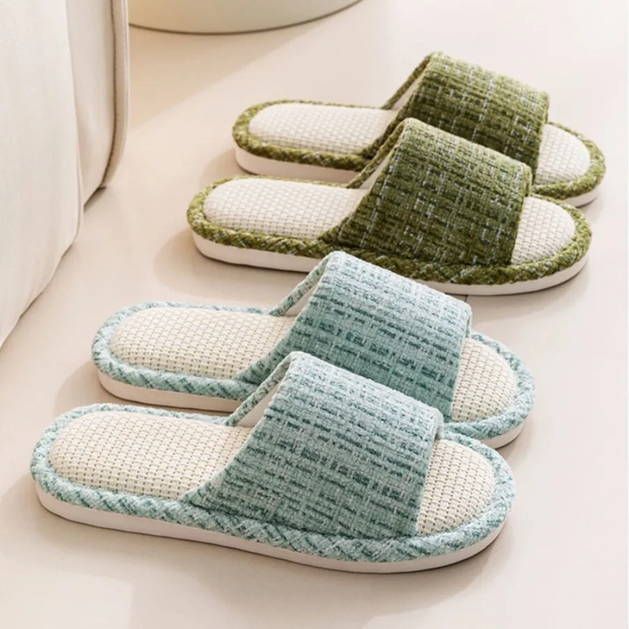 Color: Olivine, Shoe Size: 36-37 - 2024 New Women's Fashion Home Linen Couple Slippers Breathable Home Shoes Moisture Absorbing Anti slip Cotton Linen Slippers