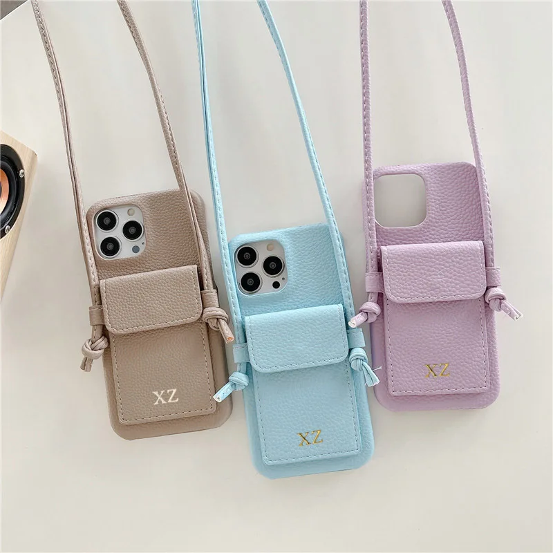 Color: pink, Material: Nylon - Personalized Gold Silver Letters Leather PU Card Holder Lanyard Hard Case For iPhone 14 13 12 11 15 Pro Max XS XR 16 Plus Cover