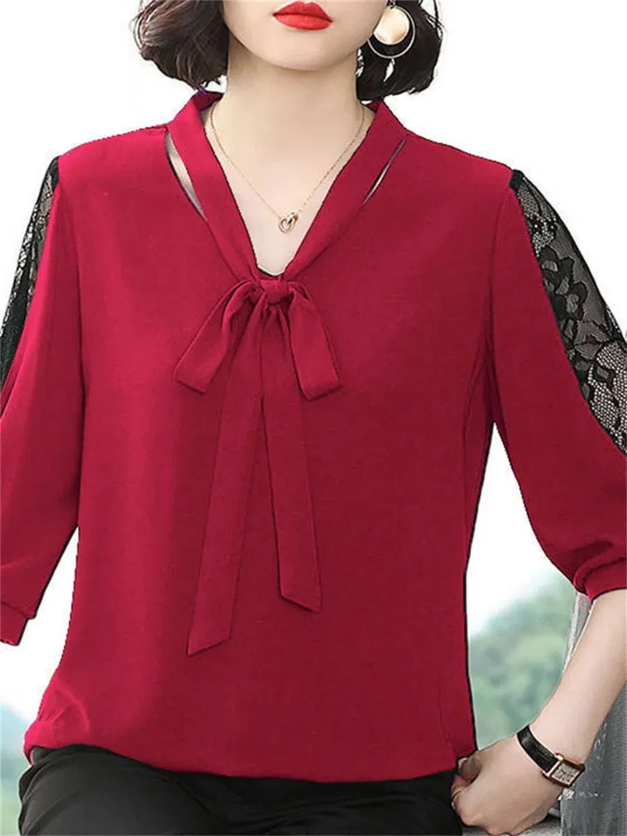 Color: green, Size: XXL - Women Spring Summer Style Blouses Tops Lady Casual Bow Tie Colloar Half Lace Sleeve Loose Blusas Tops DF4275
