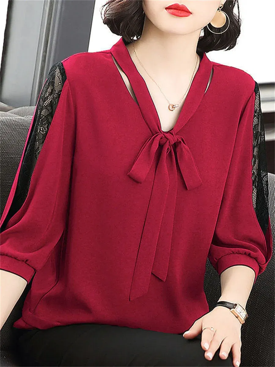 Color: green, Size: XXL - Women Spring Summer Style Blouses Tops Lady Casual Bow Tie Colloar Half Lace Sleeve Loose Blusas Tops DF4275