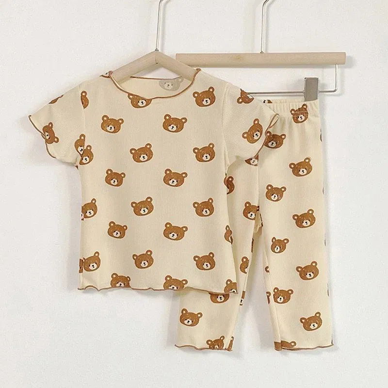 Color: Black, Kid Size: 9 - Summer Printing Short-Sleeved Loungewear Suit Boys And Girls Pajamas Pants Two-Piece Set 2-6 Years Old Robe