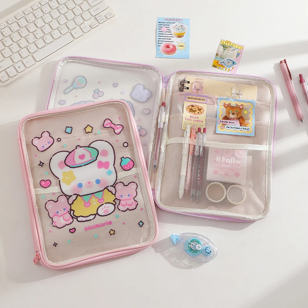 Color: Yellow - Cartoon PVC Stationary Organzier Pouch Big Capacity Storage Pens Eraser Students Pencil Bags
