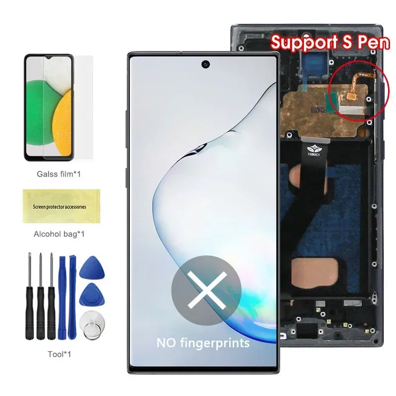Color: Khaki, Ships From: CHINA - Top AMOLED Note 10 Plus Screen for Samsung Galaxy Note10+ N975F Lcd Display Touch Screen Support S Pen Fingerprints with Frame