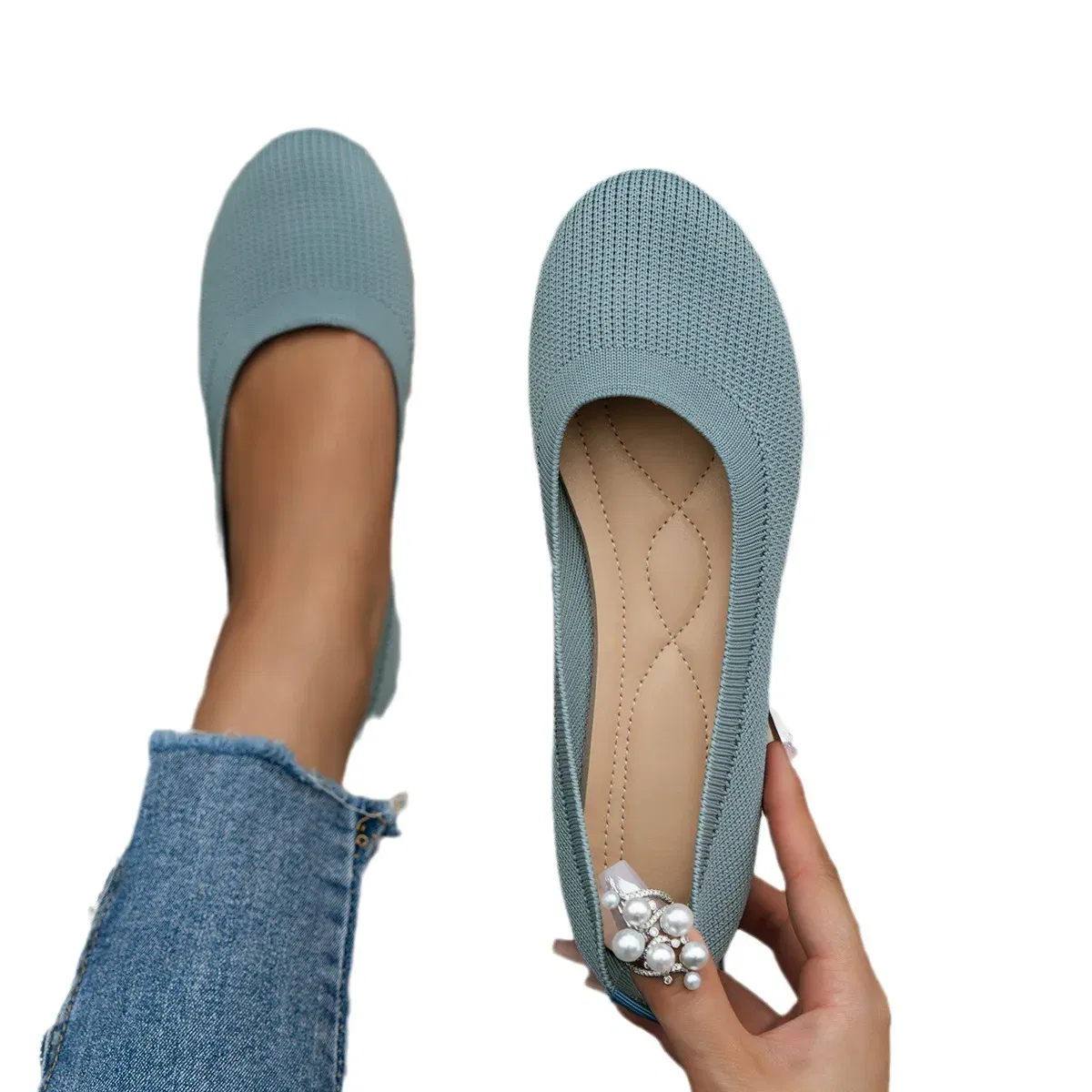 Color: Pink, Shoe Size: 40 - Elastic Knitting Flats Slip on Shoes for Women 2024 Summer Breathable Soft Loafers Woman Lightweight Casual Shoes Mom Moccasins