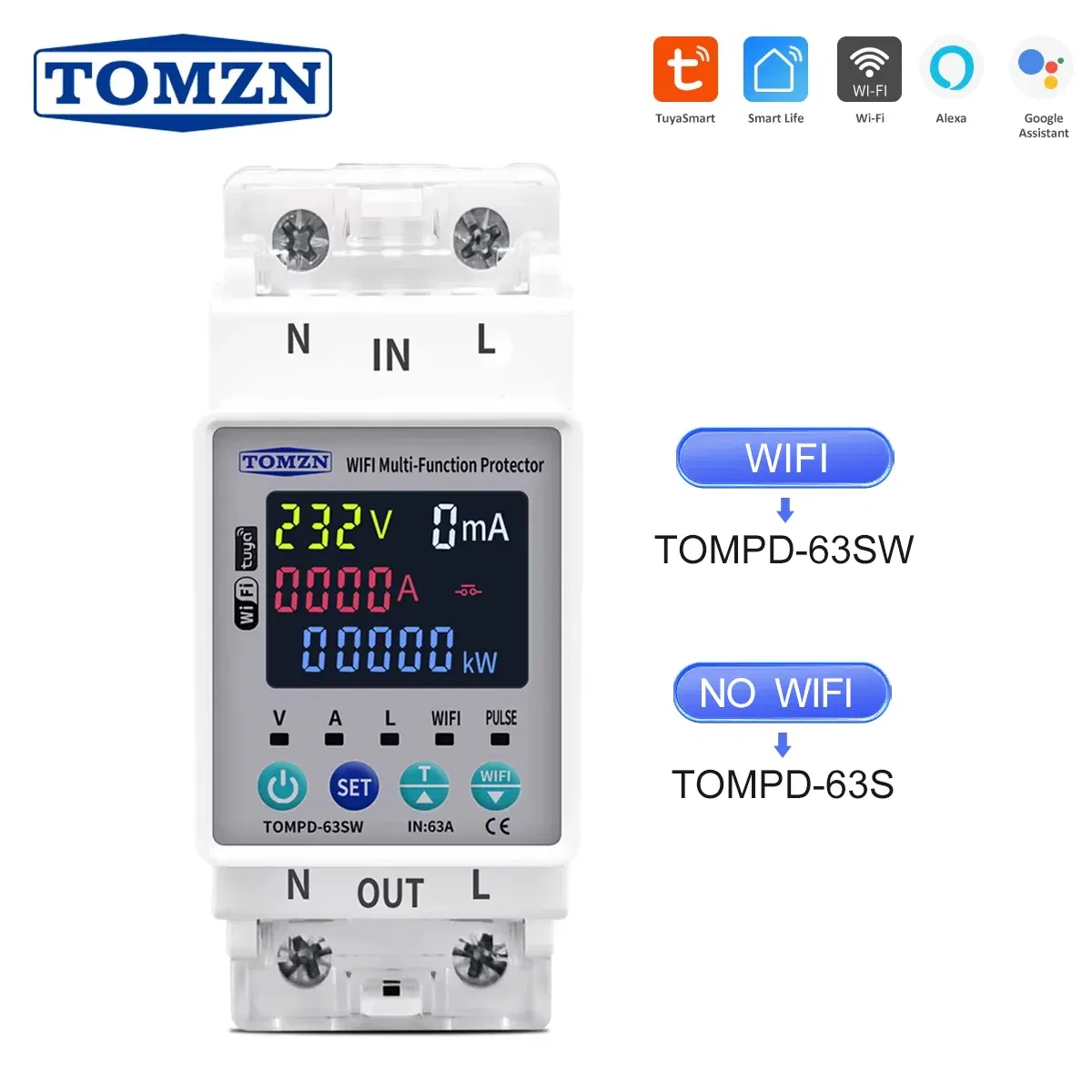 Rated Current: 63A - TOMZN 63A 110V 230V WIFI Smart Switch smartlife Kwh Metering Circuit Breaker Timer with voltage current and leakage protection
