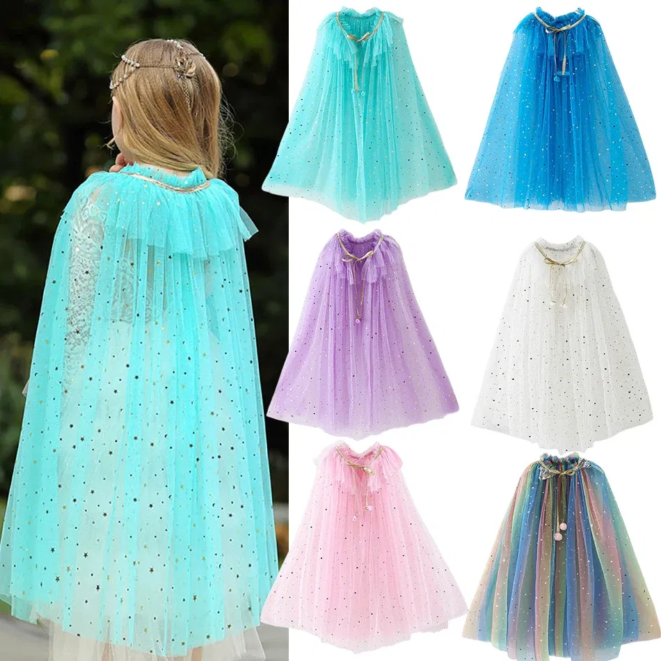 Color: MULTI, Kid Size: 12T - Little Girls Sequins Tulle Cape Children Princess Party Dress Up Cloaks Summer Thin Blue Pink White Halloween Birthday Costumes