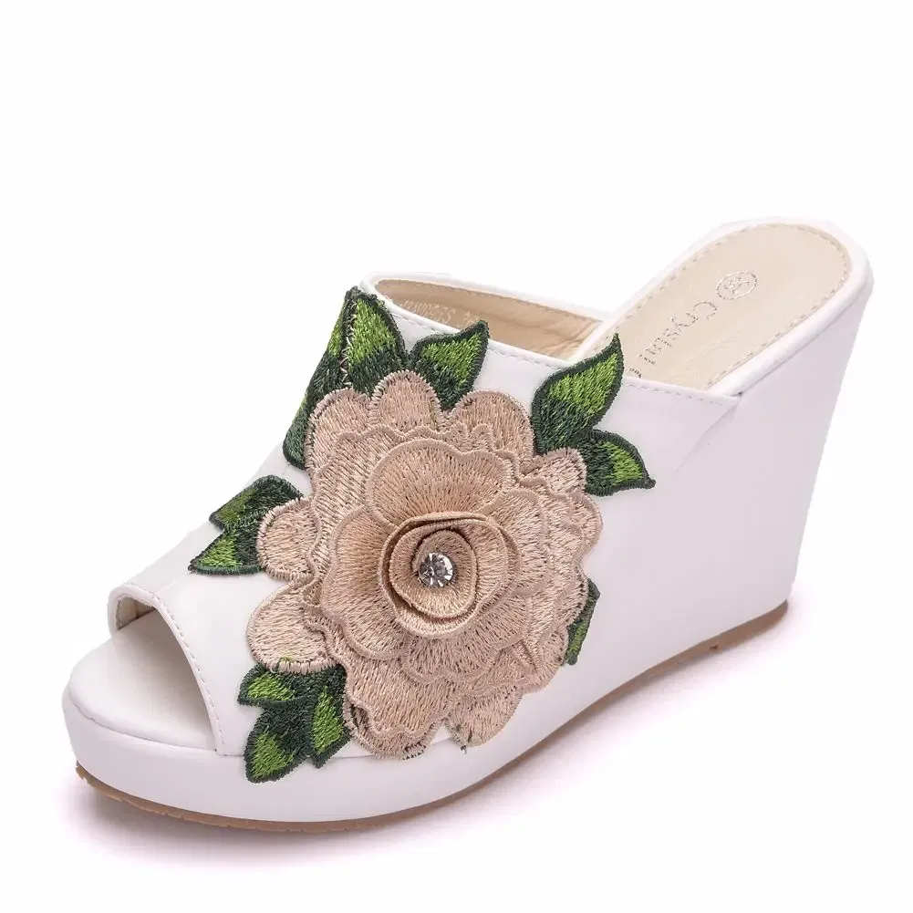 Color: black, Shoe Size: 36 - Crystal Queen Black White Peep Toe Platform Wedges High Heels Slippers Beach Sandals Women Lace Flower