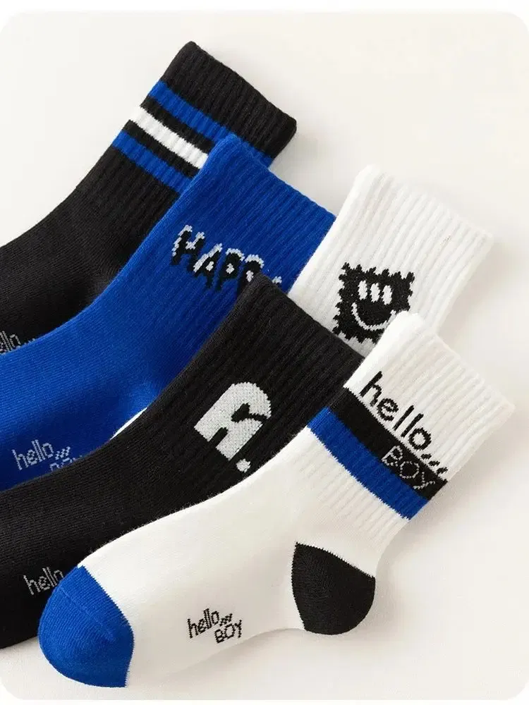 Color: Beige, Size: 2-3T - 1-14T Children's Socks Spring Autumn Cotton Socks Kids Letter Spoty Socks Boys Baby Mid Calf Sport Socks 5 Pairs/lot