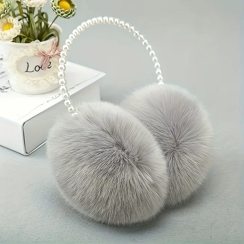 Color: SKY BLUE - Faux Pearl Hoop Plush Headband Elegant Solid Color Fluffy Earmuffs Thick Coldproof Ear Warmer For Women Girls